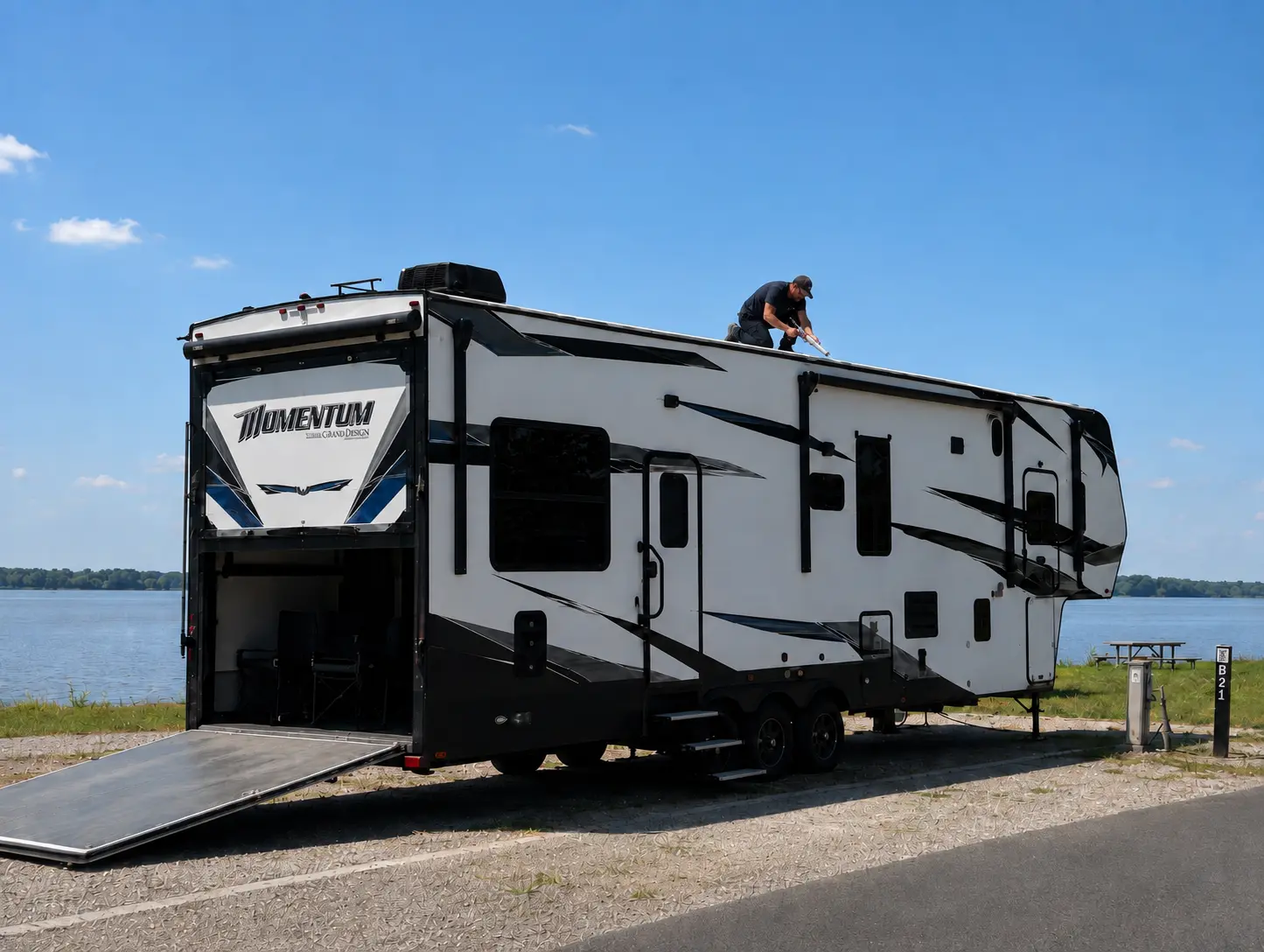 Louisville RV Roof Leak Repair Technician On-Site RV roof leak repair technician sealing rooftop seam in Louisville KY